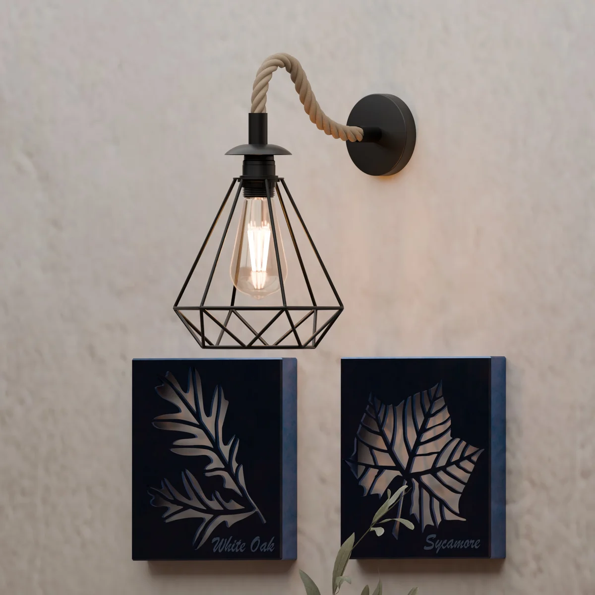 Vintage wall lamp with 20cm diamond cage metal shade and twisted hemp rope cable, E27 socket, rustic design