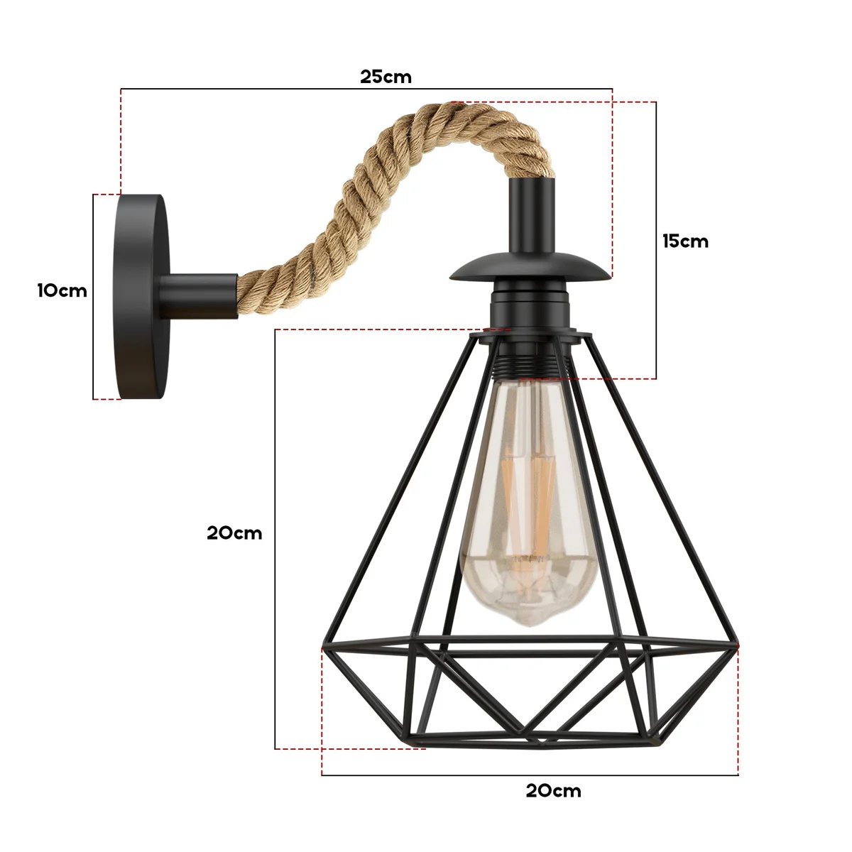 Vintage hemp rope wall light with twisted rope cable and diamond cage metal shade, suitable for E27 bulbs, indoor use