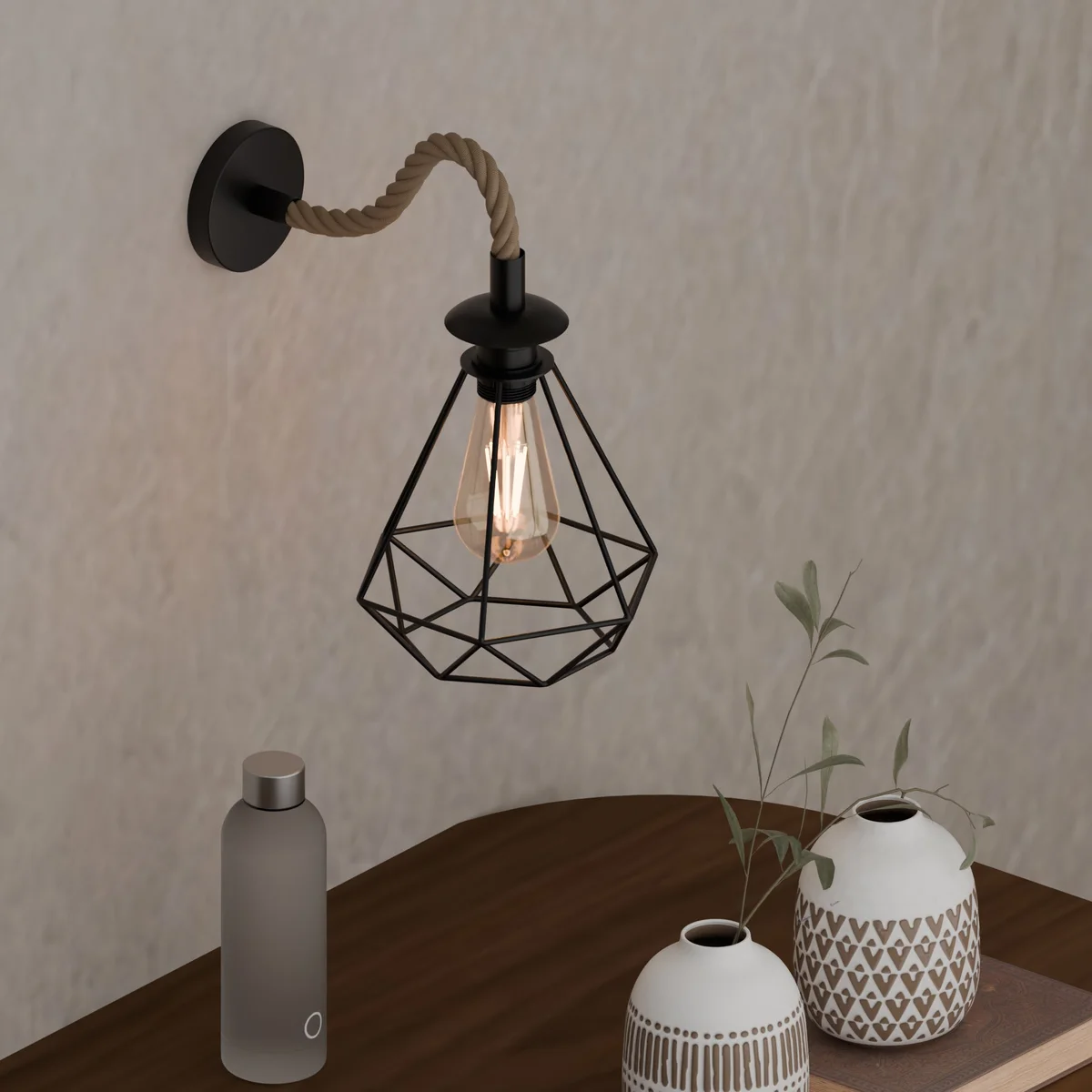 Dimmable vintage lamp with twisted hemp rope and diamond cage metal shade, wall mounted E27 socket design