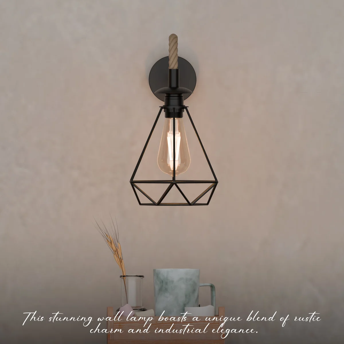 Vintage hemp rope wall lamp with diamond cage metal shade, ideal rustic wall lighting for indoor spaces