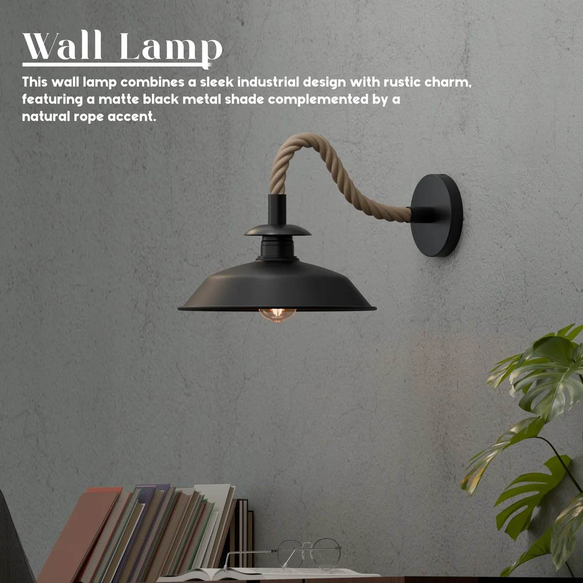 Vintage hemp rope wall sconce with twisted rope cable and black metal top shade, suitable for indoor wall mounting