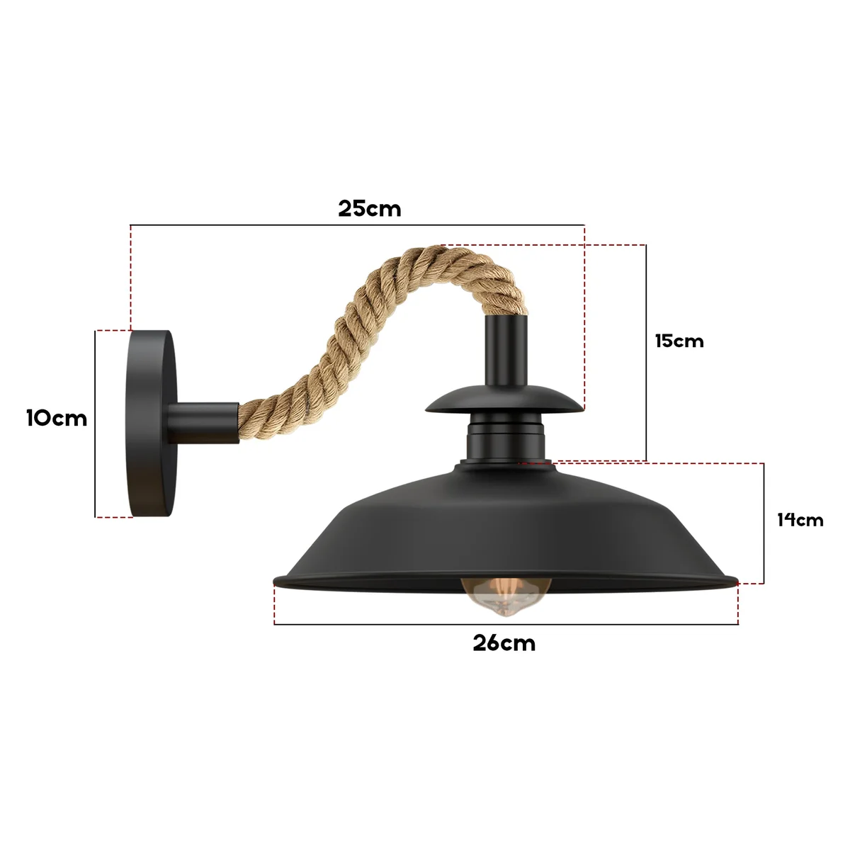 Black vintage hemp rope wall light with twisted rope cable and metal top shade, wall mounted with E27 bulb socket