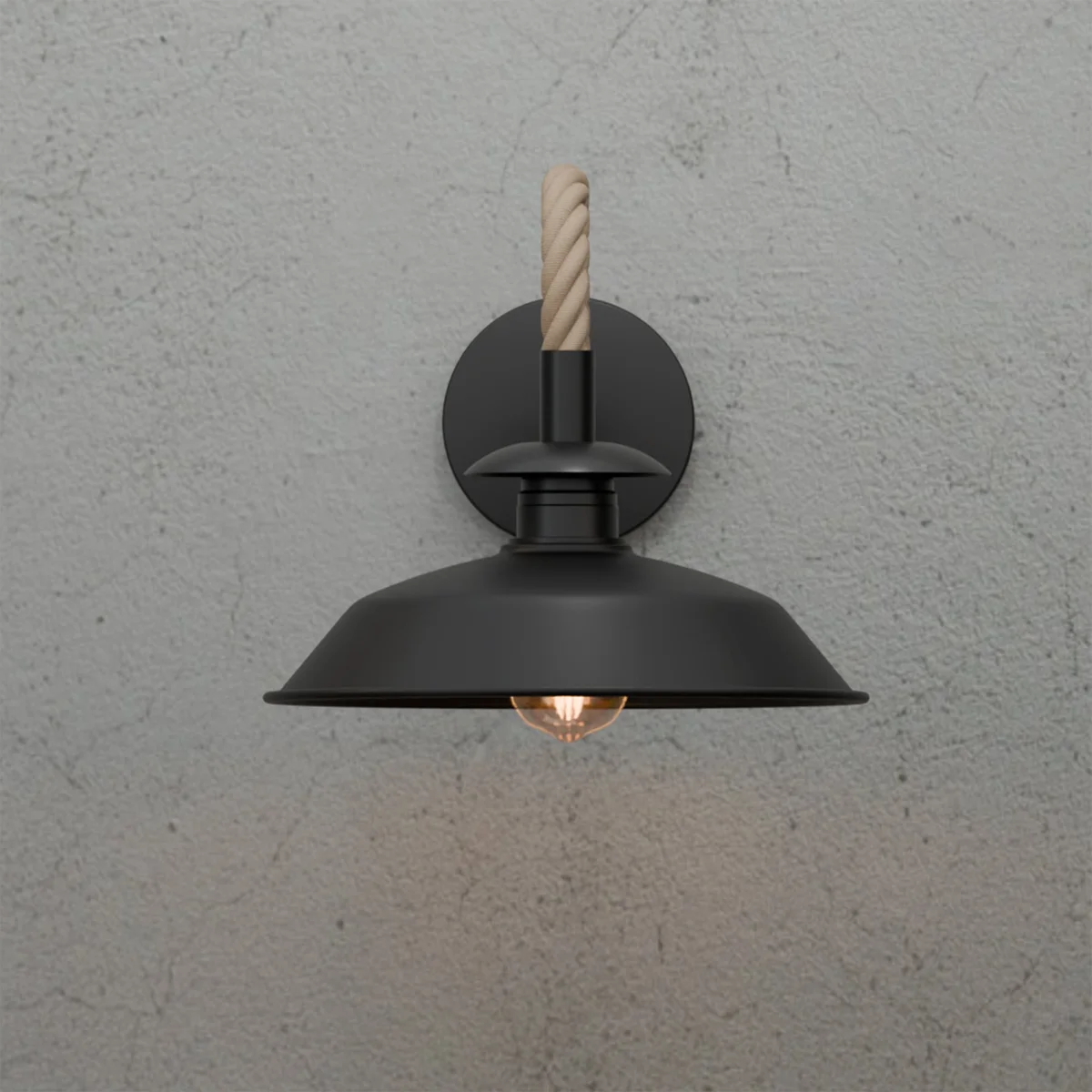 Vintage wall lamp with twisted hemp rope cable and black metal top shade mounted on a white wall