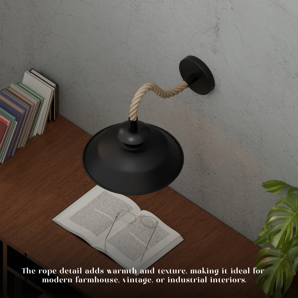 Vintage hemp rope wall light with metal shade, showing E27 bulb wall light mounted on a white wall background