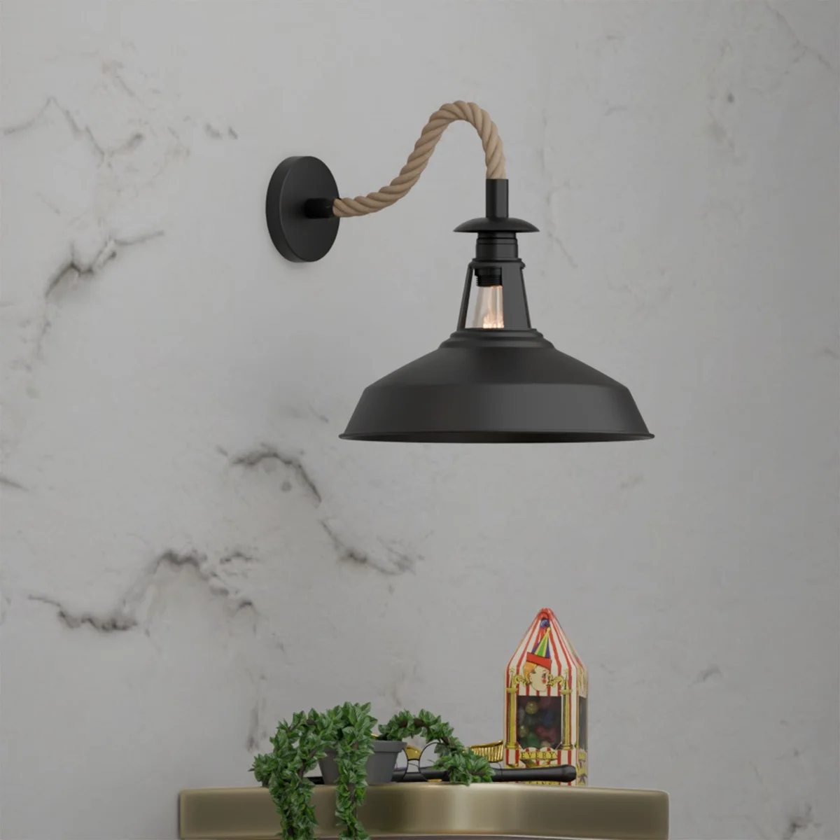 Vintage hemp rope wall sconce with 30cm barn slotted metal shade and twisted hemp rope cable, dimmable E27 bulb compatible