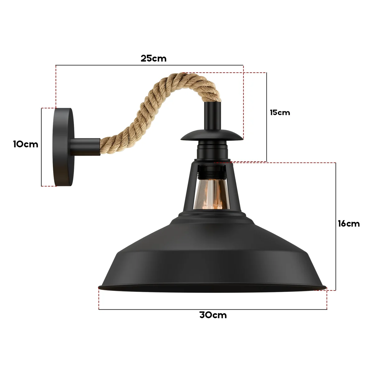 Vintage twisted hemp rope light with 30cm barn slotted metal shade wall sconce, rustic indoor decor fixture