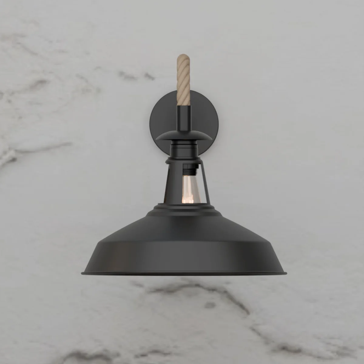 Dimmable vintage wall lamp with twisted hemp rope cable and 30cm barn slotted metal shade mounted on wall