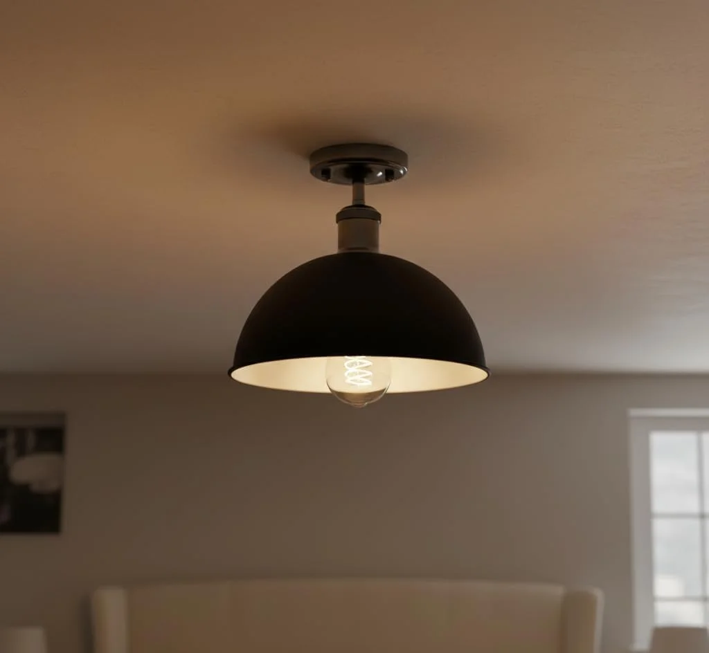 Black metal dome semi flush ceiling light with E27 base, ideal for low ceilings in homes and cafes