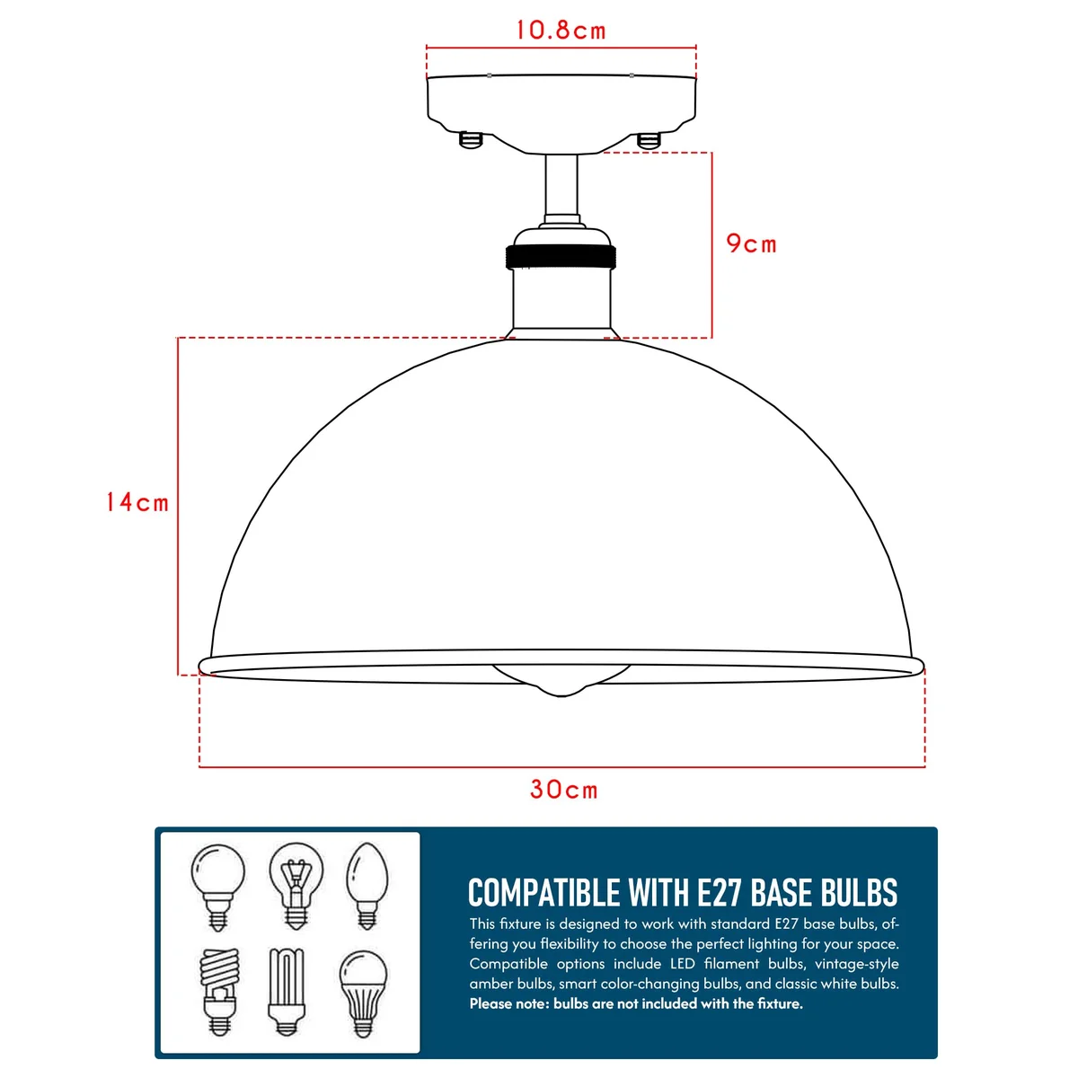 Black metal dome ceiling light with semi-flush mount and E27 bulb holder, ideal for low ceilings.