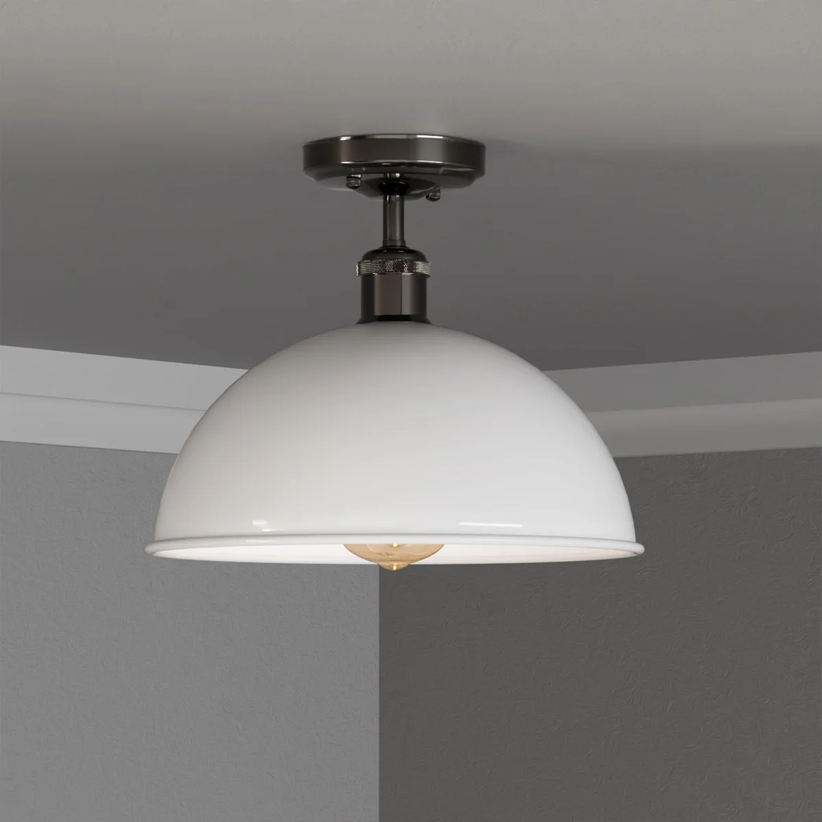 Multi-colour metal dome industrial ceiling light with black ceiling rose, semi-flush mount for low ceilings
