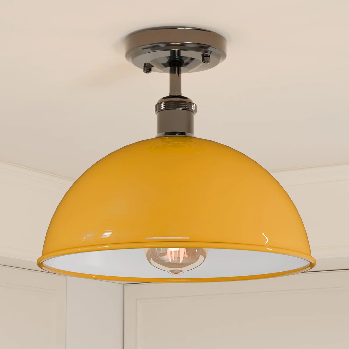 Black metal dome semi-flush ceiling light with multi-colour shade, ideal low ceiling lighting for kitchens or cafes