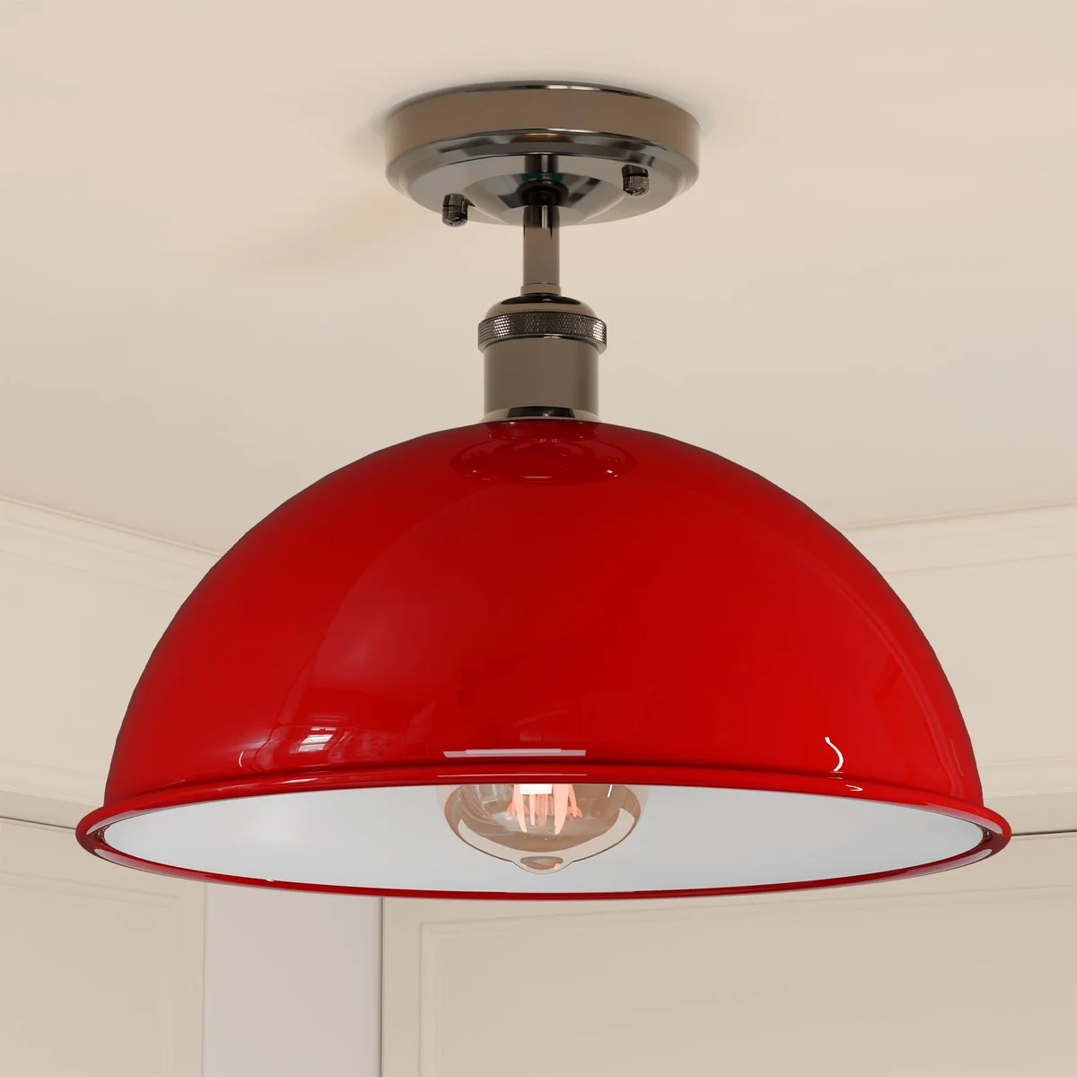 Multi-colour metal dome semi flush ceiling light with black ceiling rose mounted on a low ceiling interior space