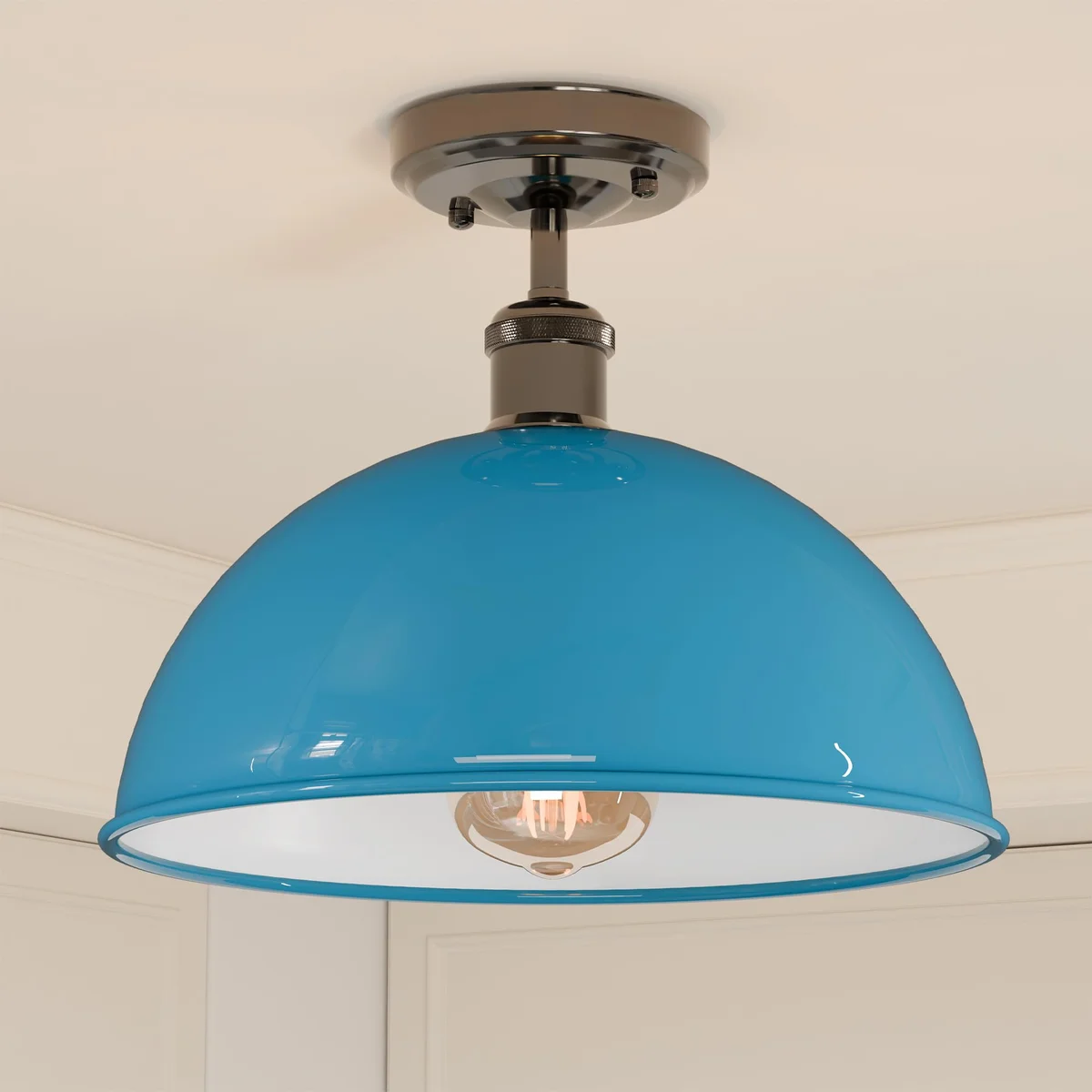 Multi-colour metal dome semi flush ceiling light with black rose, ideal for low ceilings in homes or cafes