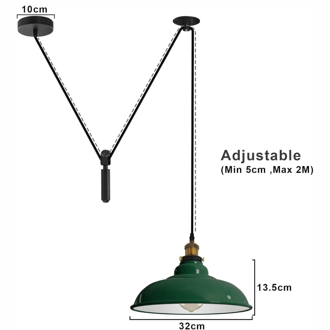 Green vintage industrial light with adjustable pulley, metal barn-style shade, and retractable cord hanging from ceiling