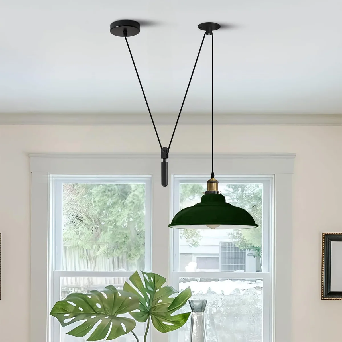 Green vintage industrial pulley pendant light with adjustable metal shade and ceiling-mounted pulley system