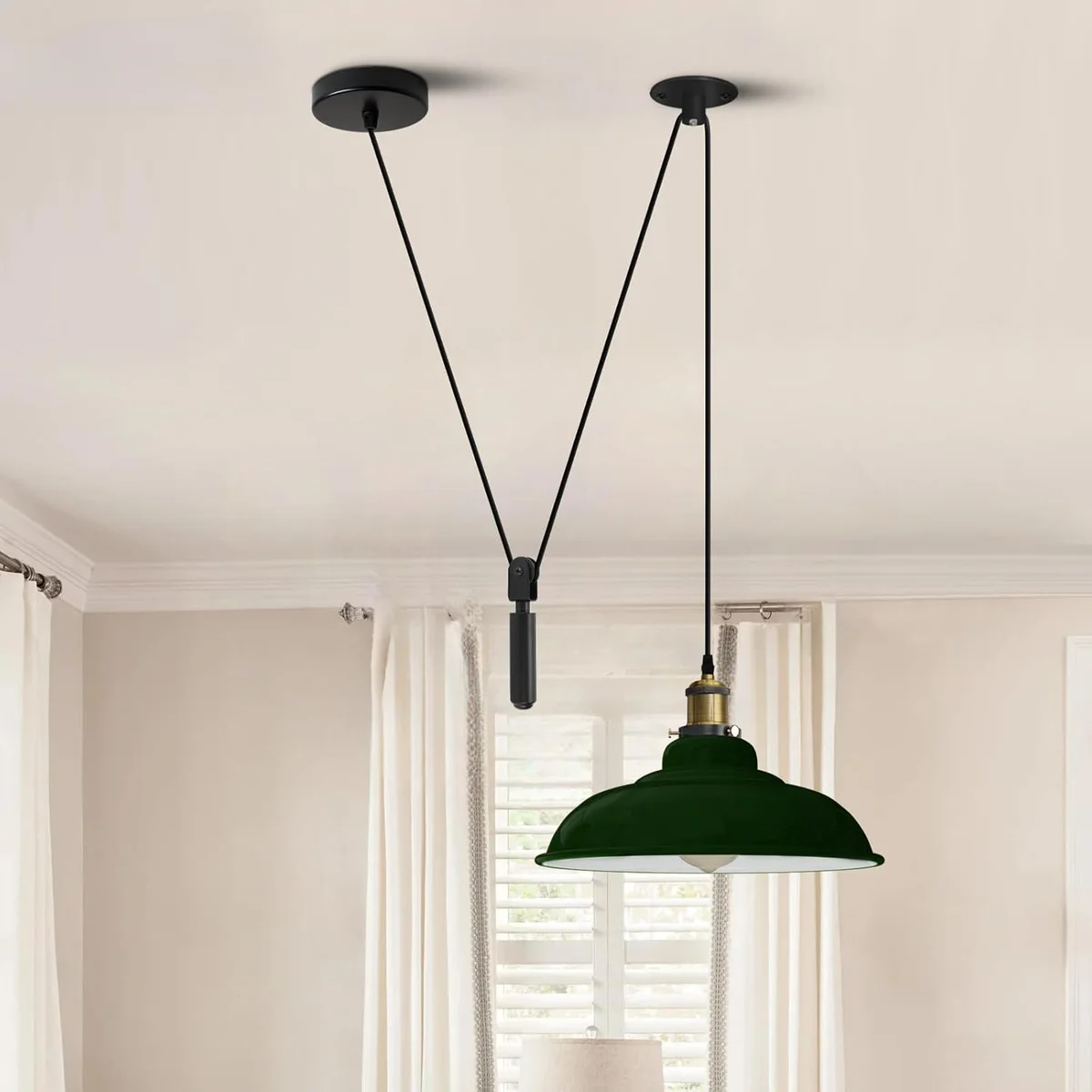 Green vintage industrial metal ceiling light with adjustable pulley and 32cm diameter barn-style shade