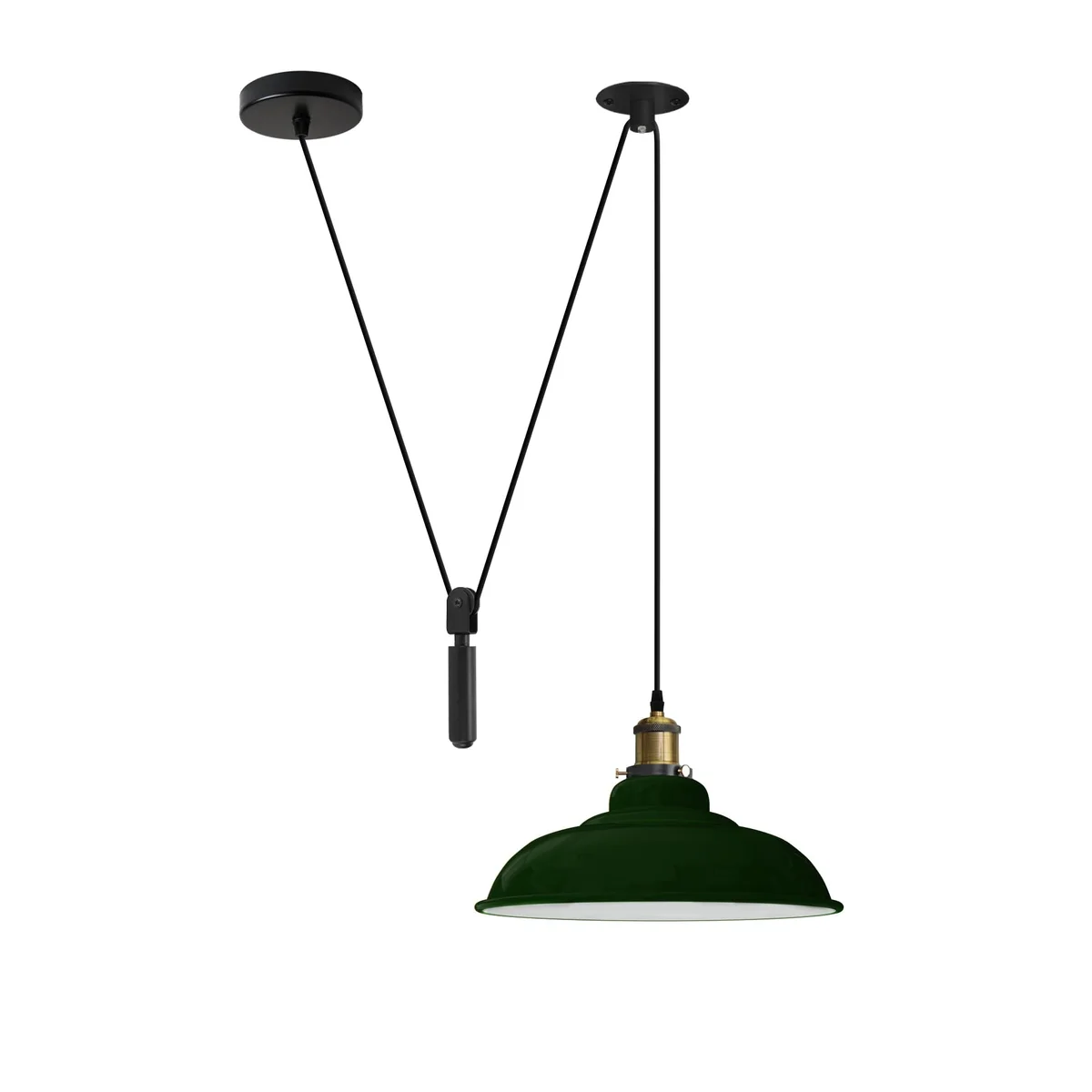Green vintage industrial dimmable pendant light with adjustable pulley and 32cm metal shade hanging from ceiling