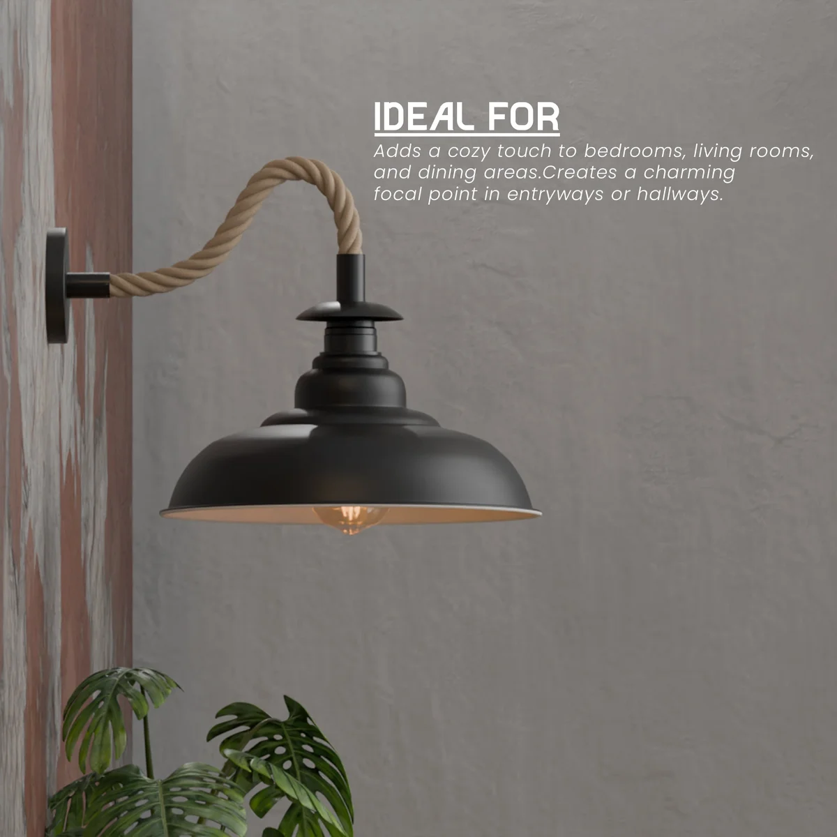 Vintage hemp rope wall sconce with twisted rope cable and 32cm curvy metal shade, E27 bulb compatible, rustic style