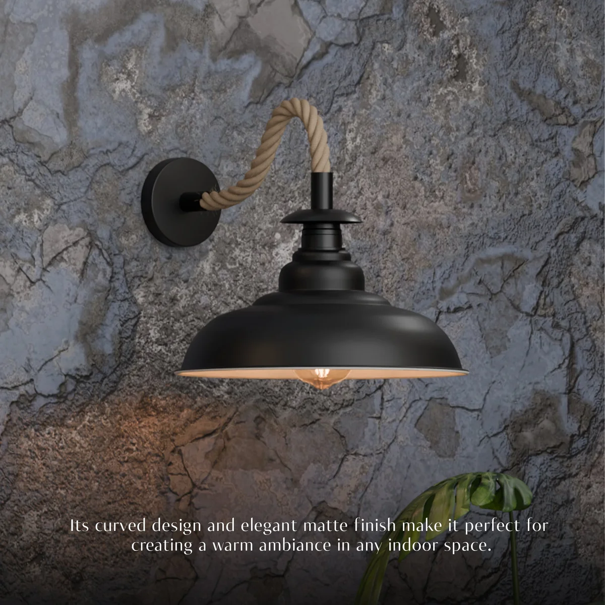 Vintage hemp rope wall lamp with twisted rope cable and 32cm curvy metal shade in rustic style, E27 socket, dimmable