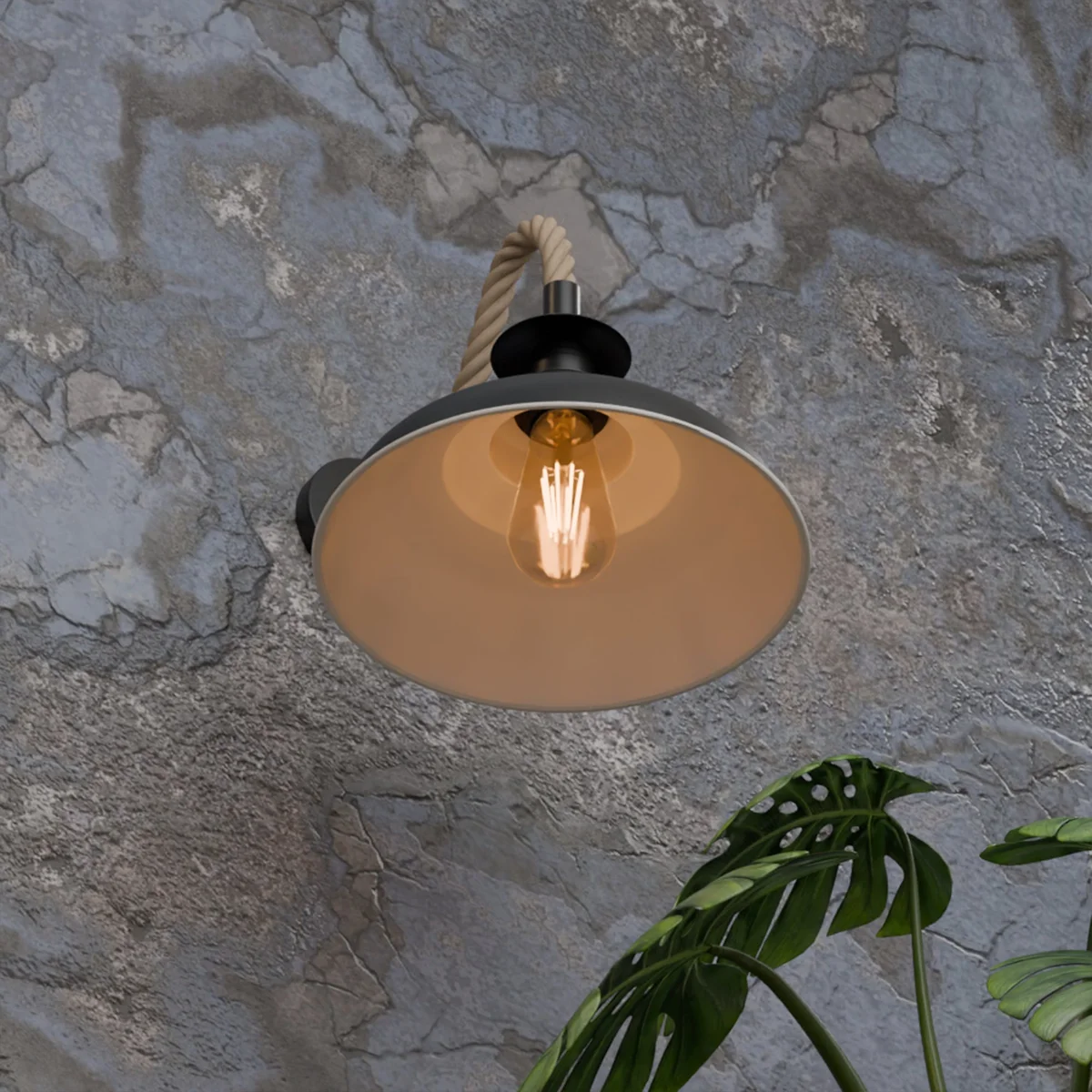 Vintage hemp rope wall light with 32cm curvy metal shade and E27 bulb wall light fixture mounted on white wall