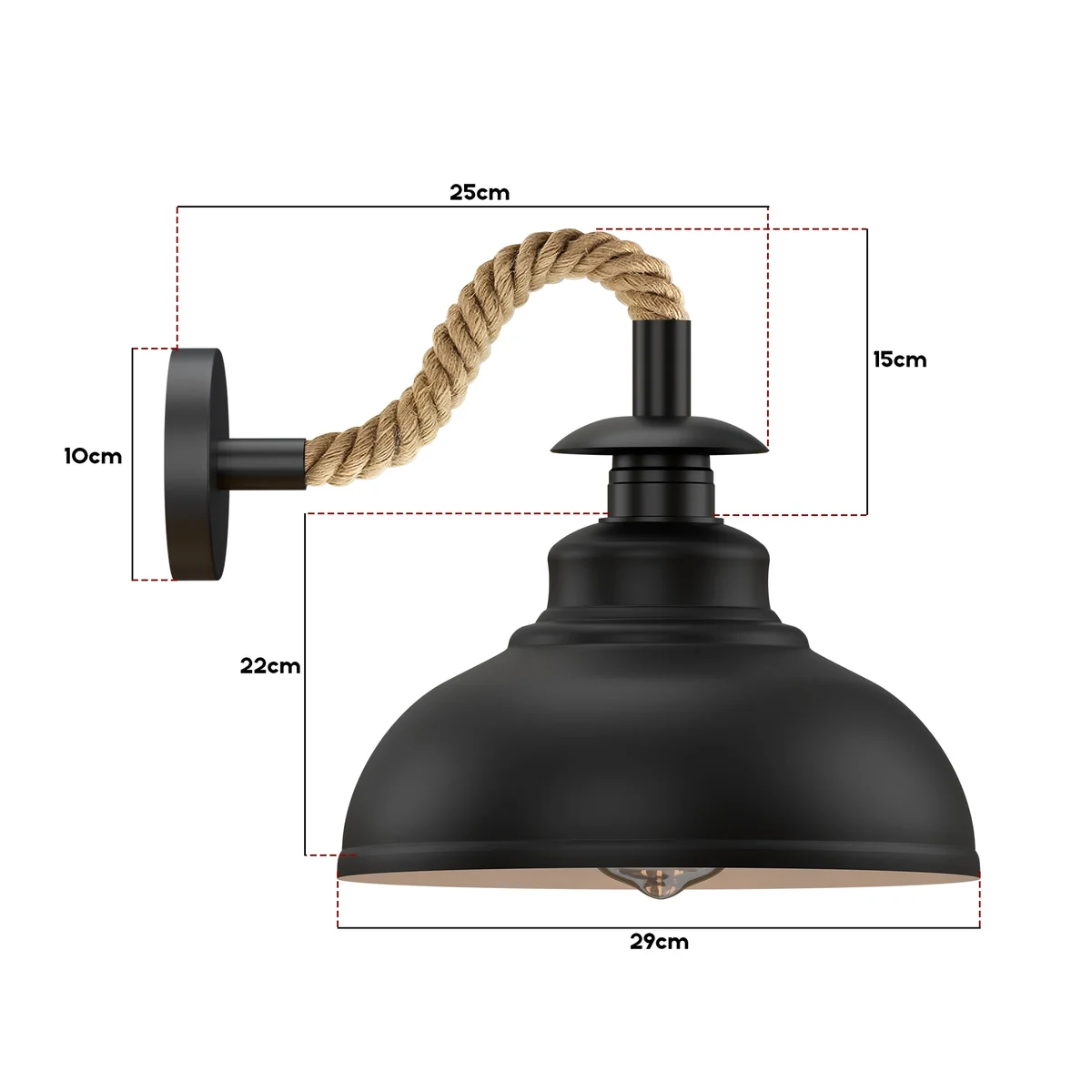 Vintage wall light fixture with twisted hemp rope cable and 29cm curvy metal shade, E27 bulb compatible, rustic style