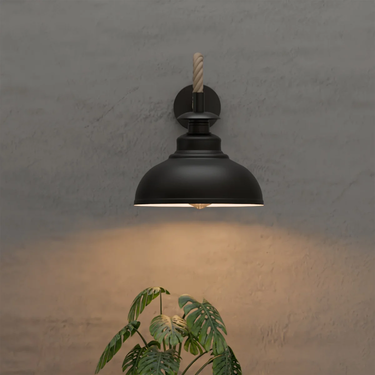 Vintage hemp rope wall sconce with twisted rope cable and curvy metal shade, suitable for indoor wall mounting