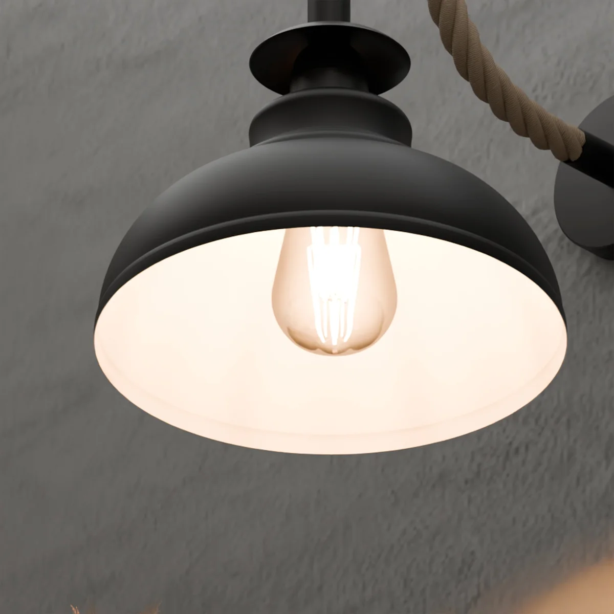 Vintage hemp rope wall sconce with curvy metal shade and E27 bulb wall lamp, ideal for rustic indoor decor