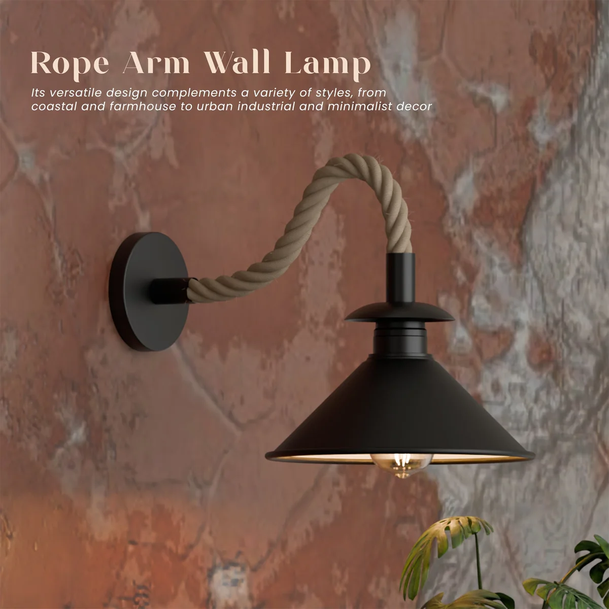 Black industrial wall light with twisted hemp rope and 22cm cone metal shade mounted on a white wall