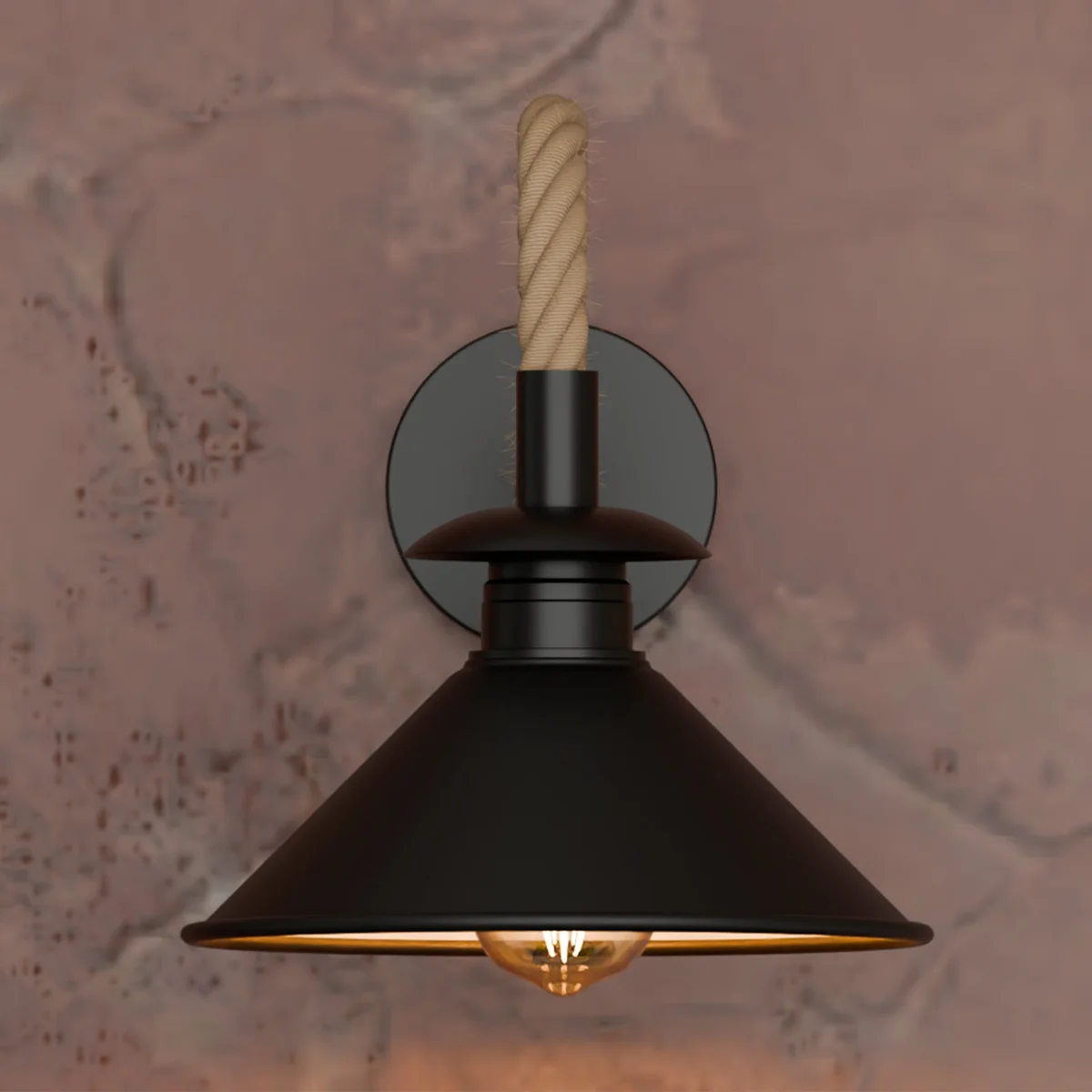 Black rope dimmable indoor sconce with 22cm cone metal shade mounted on a white wall in industrial style