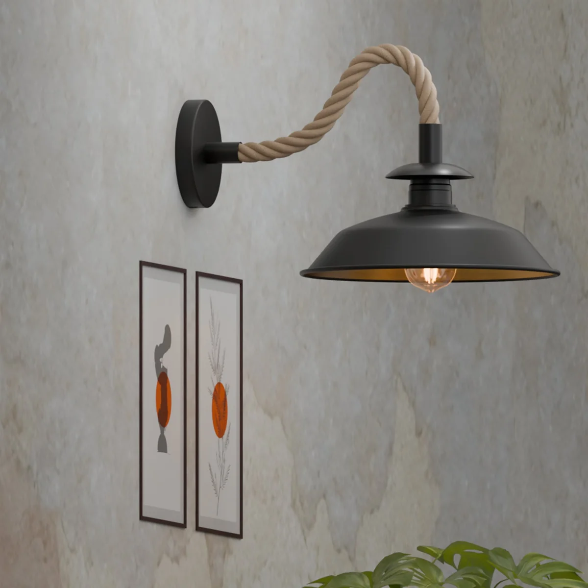 Vintage rope wall light with black metal top shade and twisted hemp rope cable, ideal for indoor rustic decor