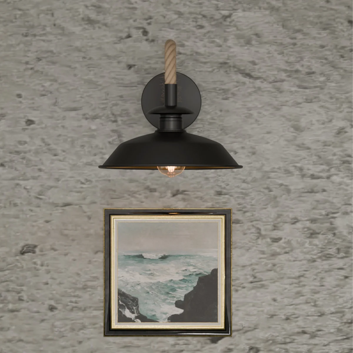 Industrial black hemp rope wall lamp with twisted rope cable and metal top shade mounted on white wall