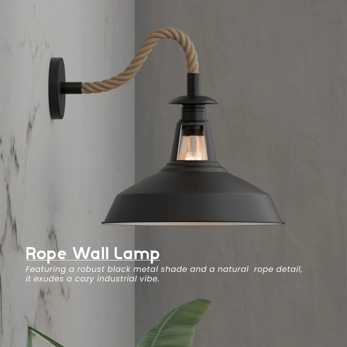 Large black rope wall sconce with twisted hemp rope cable and slotted barn-style shade, vintage indoor wall light