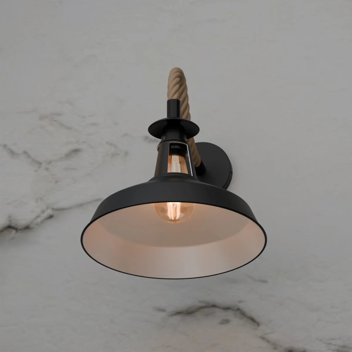 Large black vintage wall light with twisted hemp rope cable and slotted barn-style shade mounted on wall