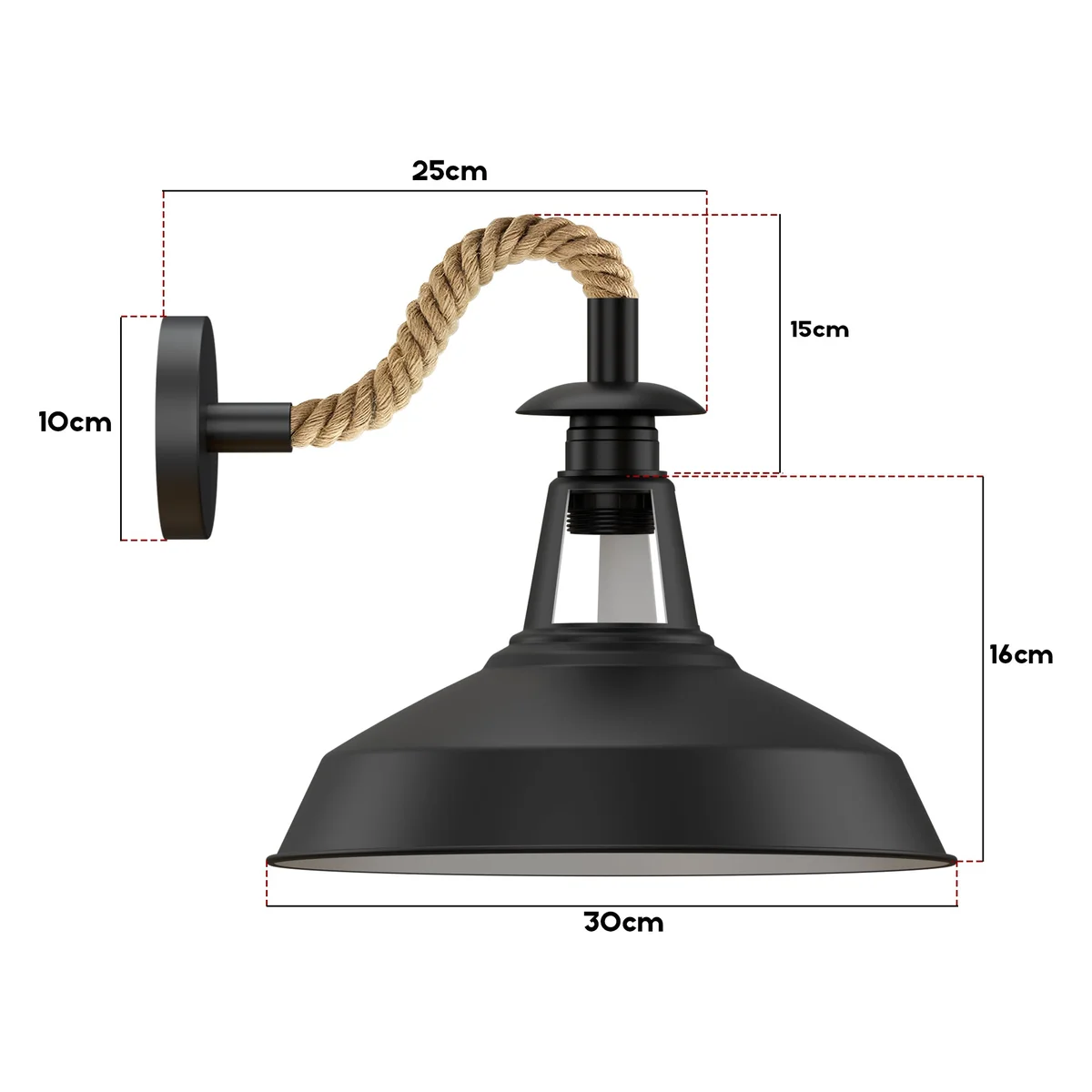 Large black wall sconce with slotted shade and twisted hemp rope lamp cable, vintage style, dimmable, E27 bulb compatible