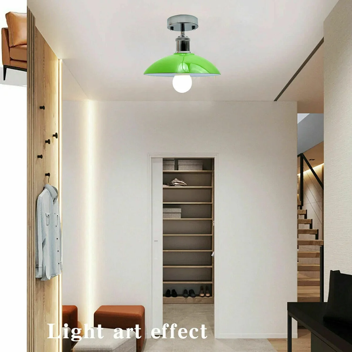 Green metal pendant lighting with chrome hardware and white interior, semi flush ceiling light for farmhouse style rooms