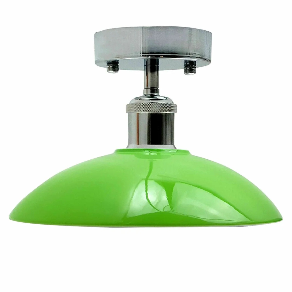 Green metal semi flush farmhouse kitchen light with chrome hardware and white interior for bright task lighting