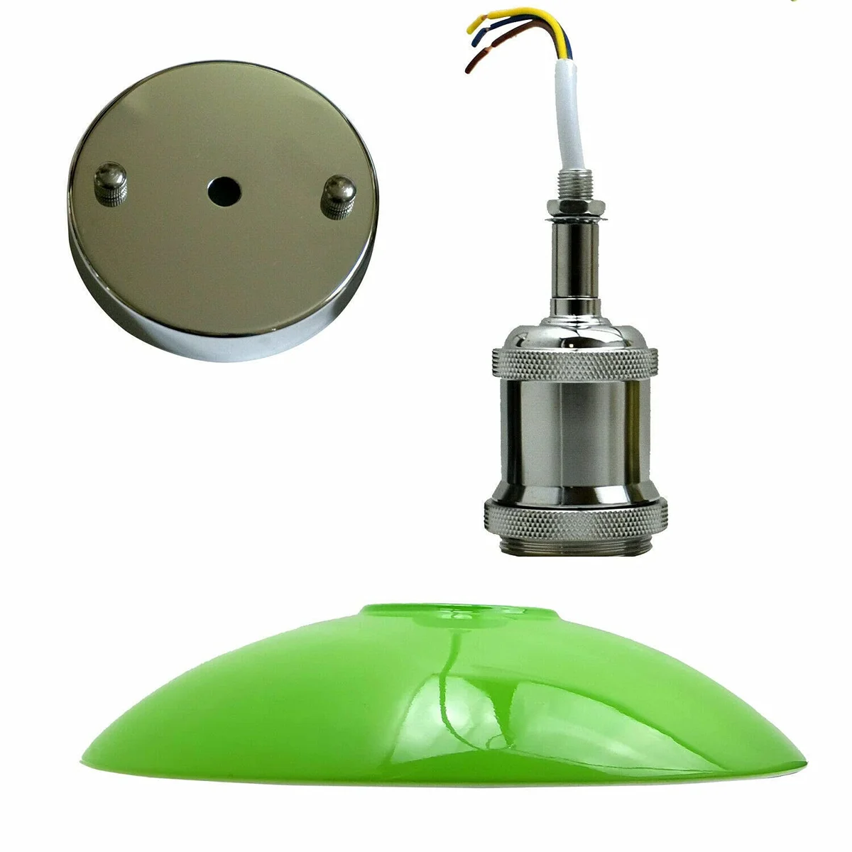 Green metal semi flush light with chrome ceiling lamp holder and white interior, hanging in a modern farmhouse setting