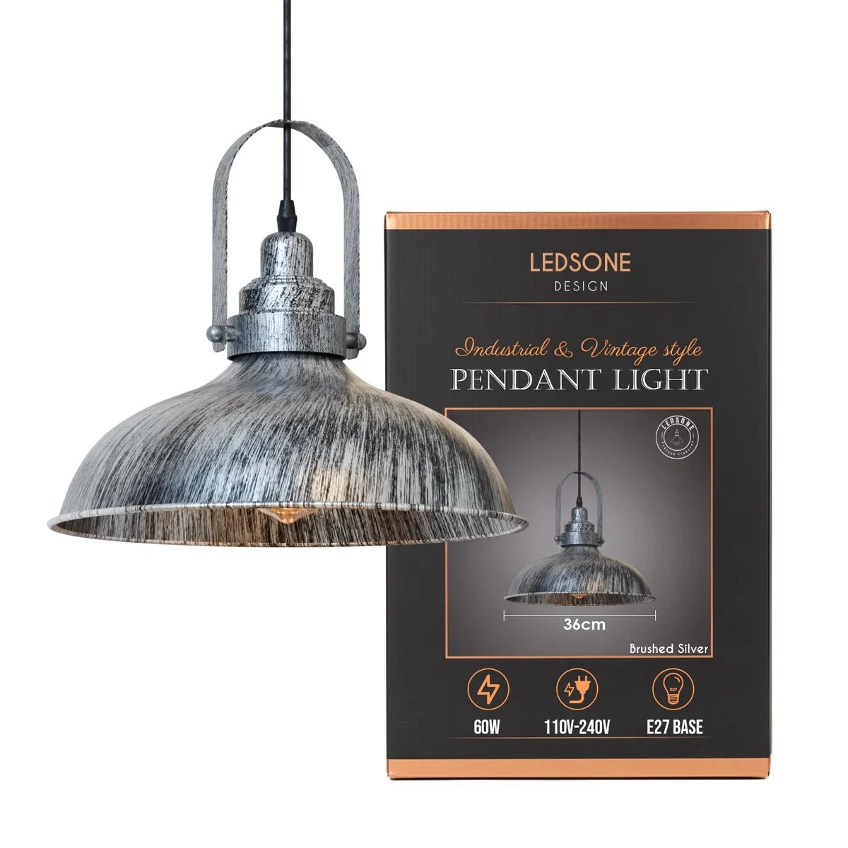 Brushed silver pendant light with vintage style metal shade hanging from ceiling in modern room setting