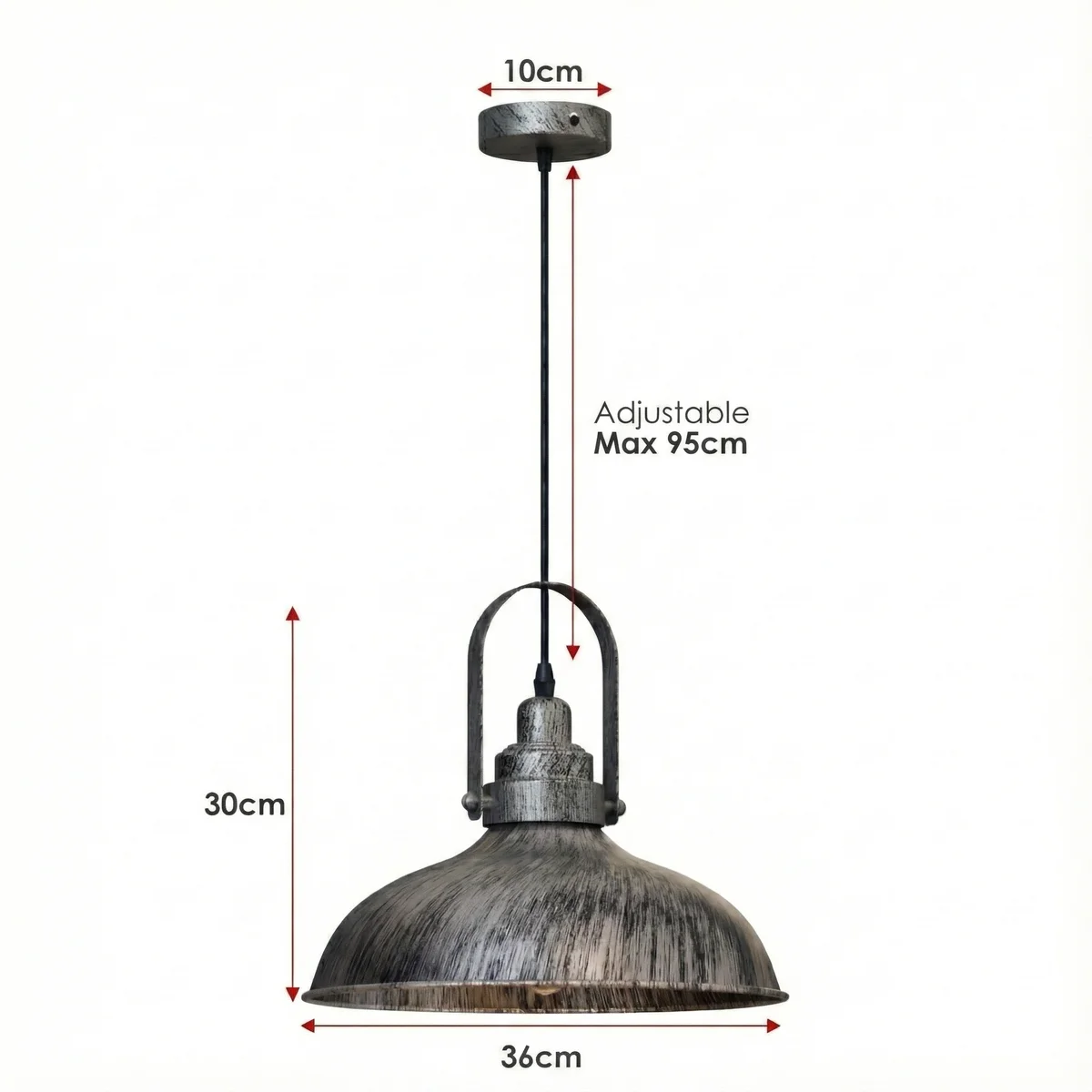 Brushed silver metal ceiling pendant light with retro design and sturdy metal shade hanging from ceiling rose