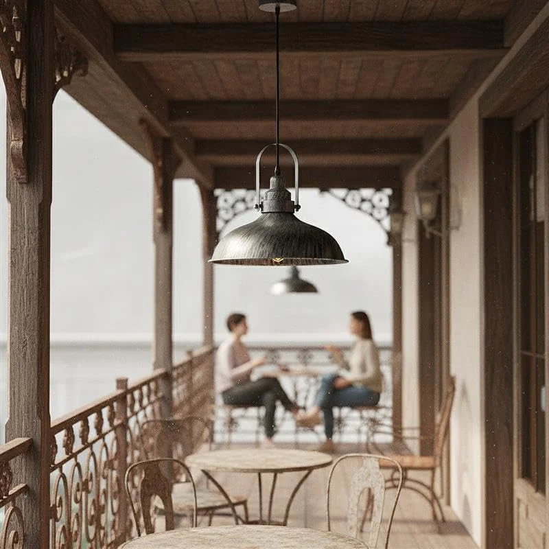 Brushed silver modern pendant light with metal lampshade hanging from ceiling, ideal for living rooms and studies