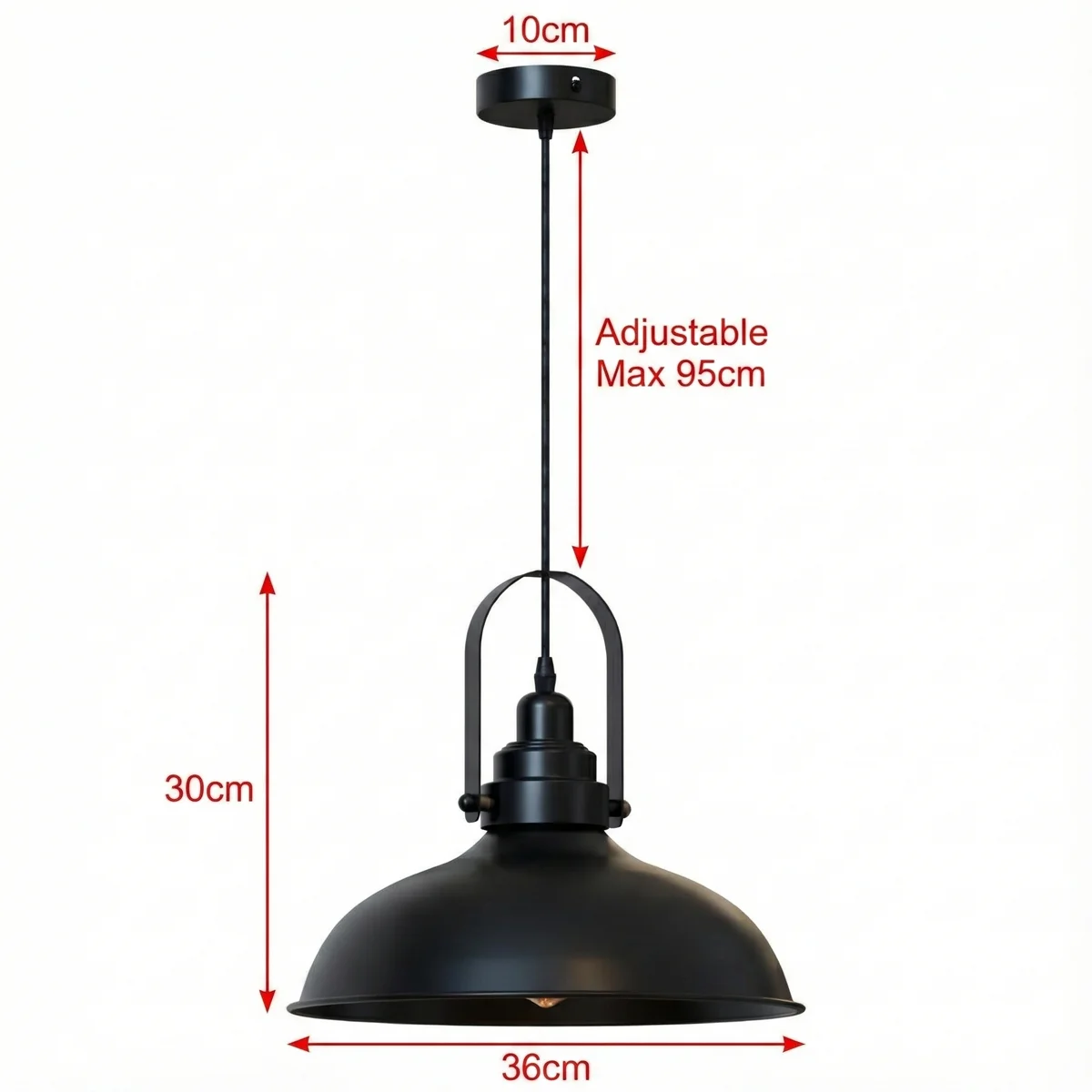 Black vintage style modern pendant light with metal shade and ceiling rose, suitable for living rooms and bedrooms