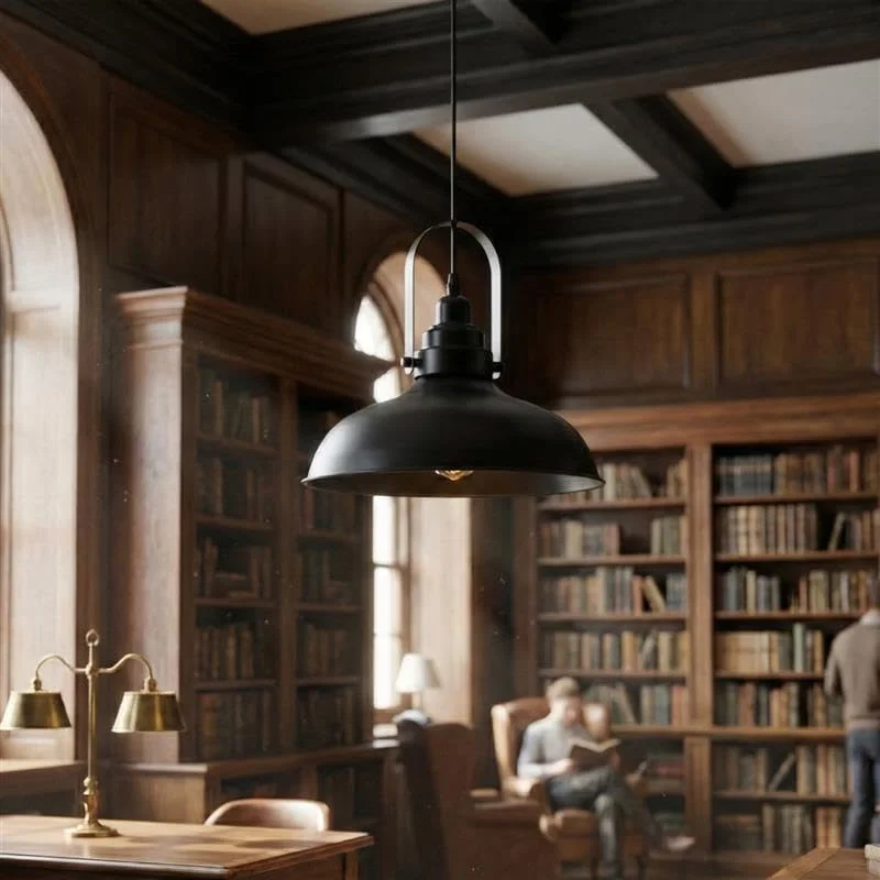 Black vintage style metal ceiling light pendant with retro design, painted finish, and E27 bulb holder included