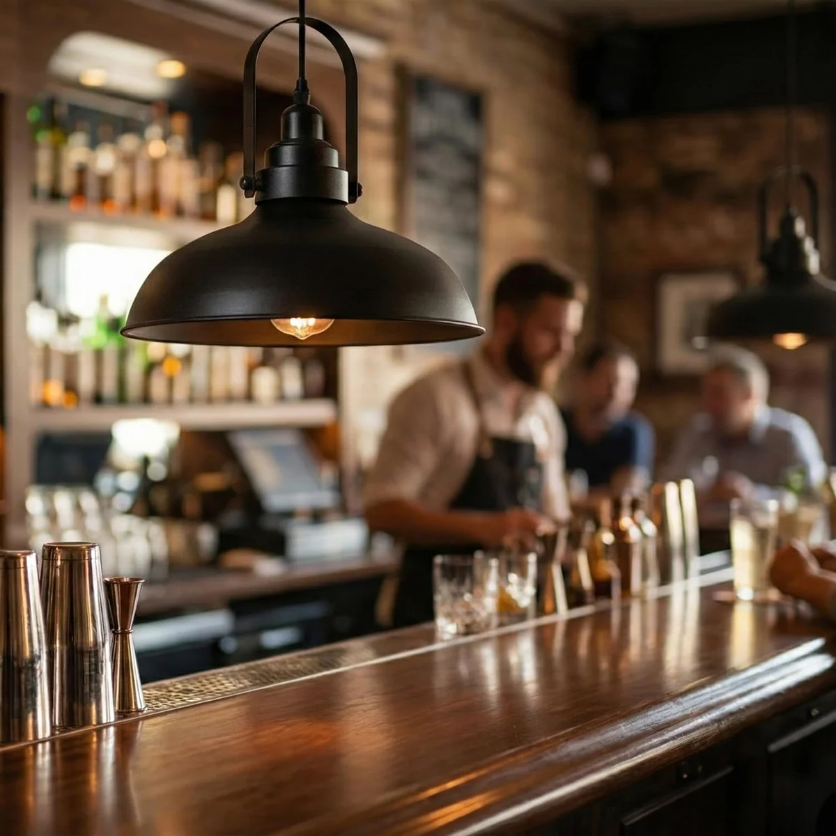 Black vintage style metal pendant living room ceiling light with retro design and E27 bulb holder suspended from ceiling rose