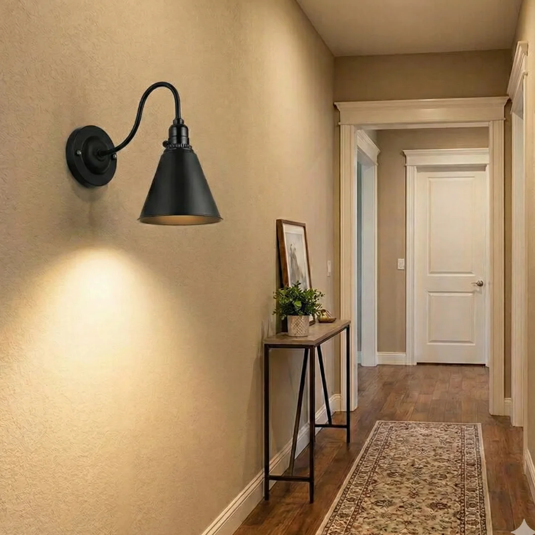 Industrial wall sconce with metal swan neck arm and built-in switch, vintage style for living room or cafe decor