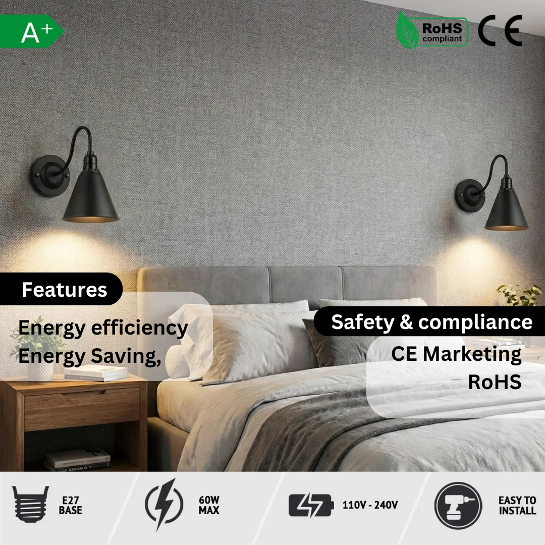 Industrial metal wall light with curved swan neck arm and built-in on/off switch on bulb holder, no bulb included.