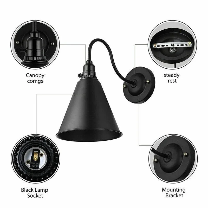 Industrial metal wall light with switch, curved swan neck arm, and vintage-style shade on white background