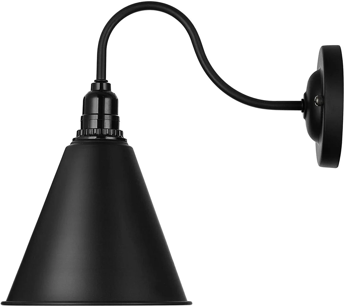 Industrial metal wall light for cafe with curved swan neck and built-in on/off switch on bulb holder
