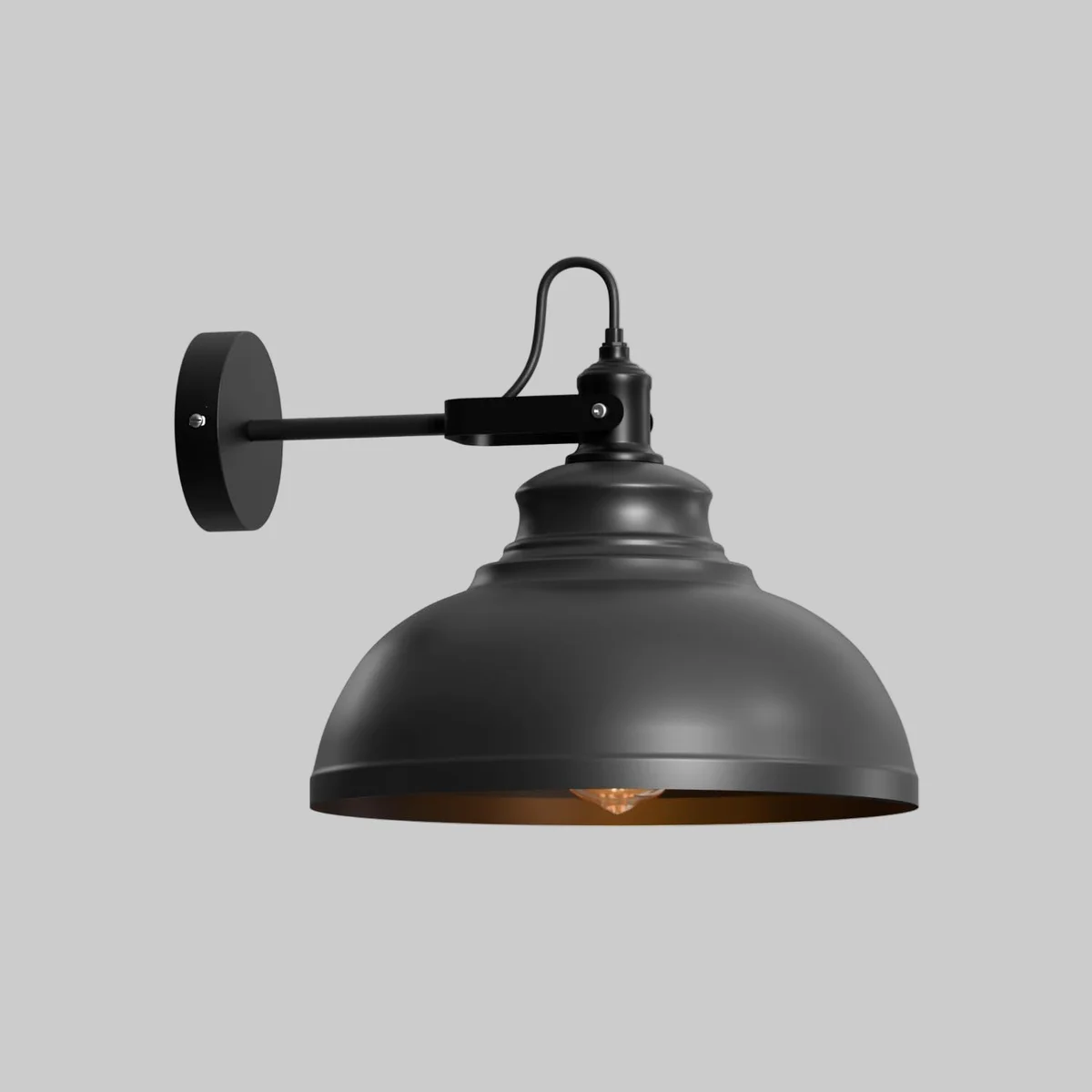 Adjustable industrial wall light with matte black curved metal arm and wide 29cm dome shade mounted on wall