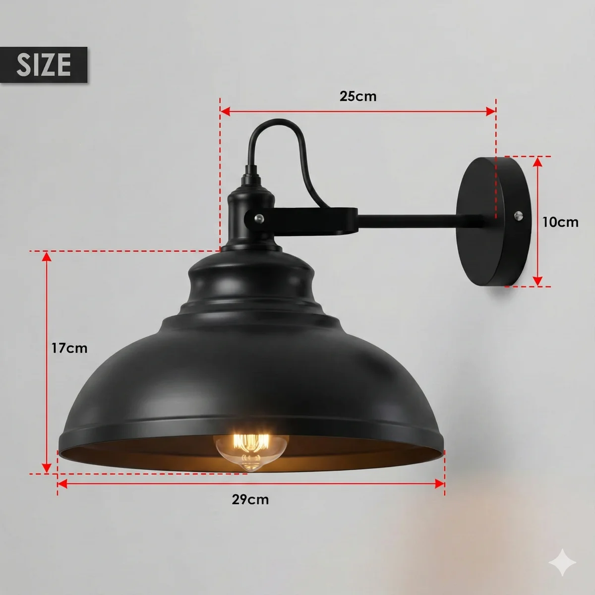 Adjustable matte black wall lamp with curved metal arm and wide 29cm shade in industrial barn-style design