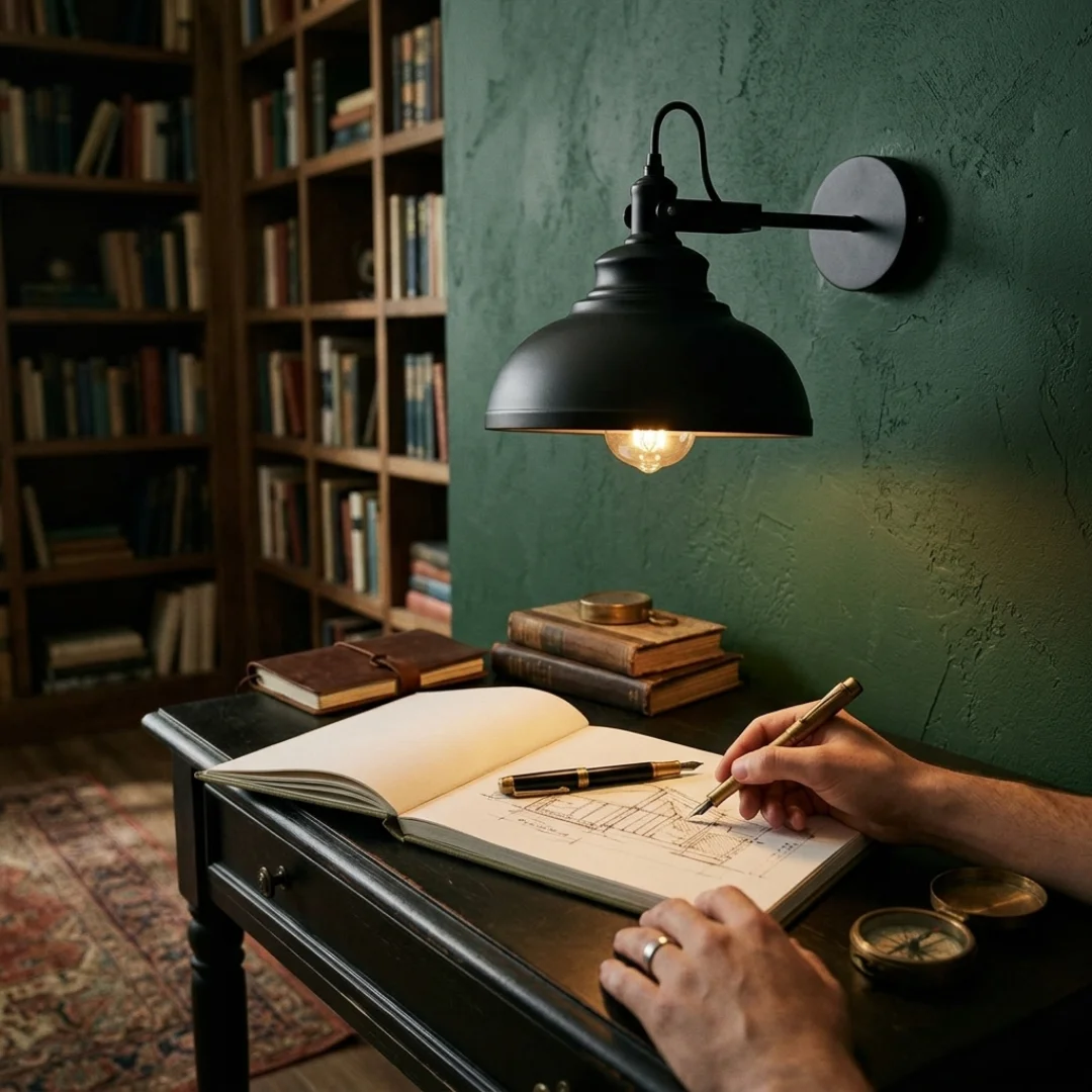 Adjustable industrial metal shade wall light with curved matte black arm and wide 29 cm shade mounted on white wall